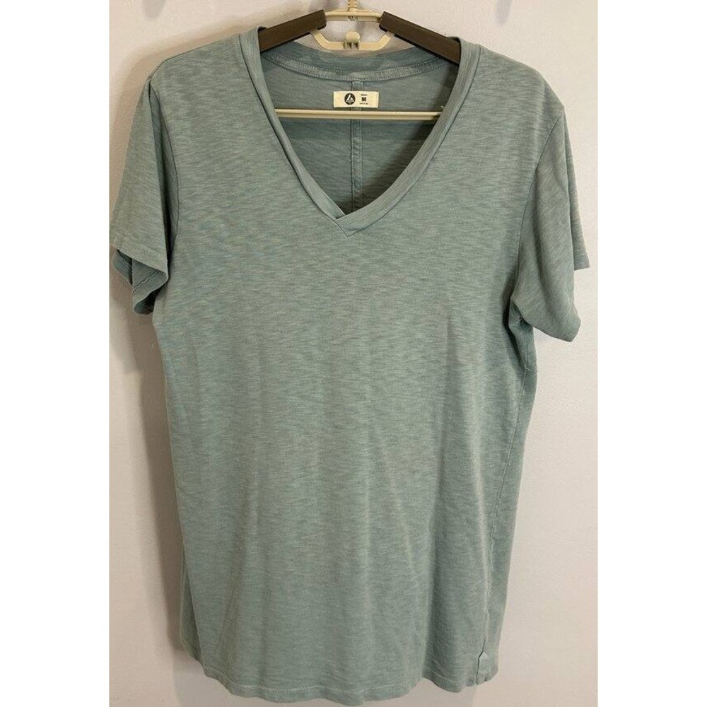 American Giant Womens Aqua Blue V Neck Cotton Slub Short Sleeve T Shirt Size M
